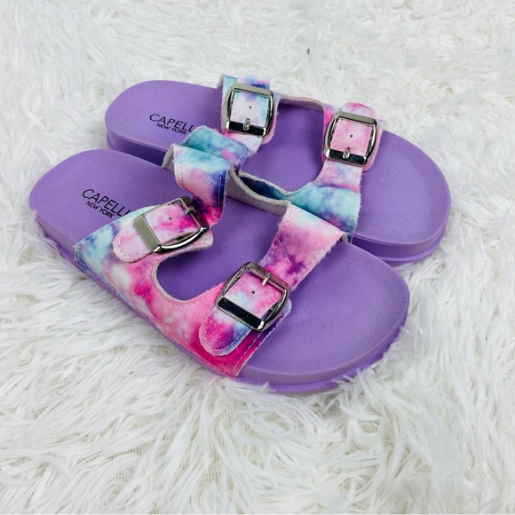 NWOT CAPELLNI NEW YORK purple & blue tie dye buckle girls slides sandals size 1 - Picture 1 of 13